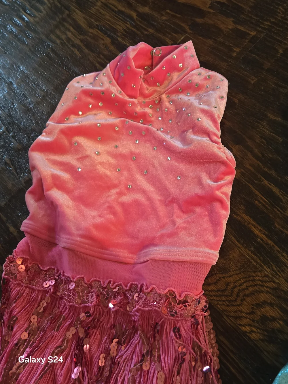 Weissman Hot Pink Fringe Dance Costume and Shiny Light Blue Skater Dress